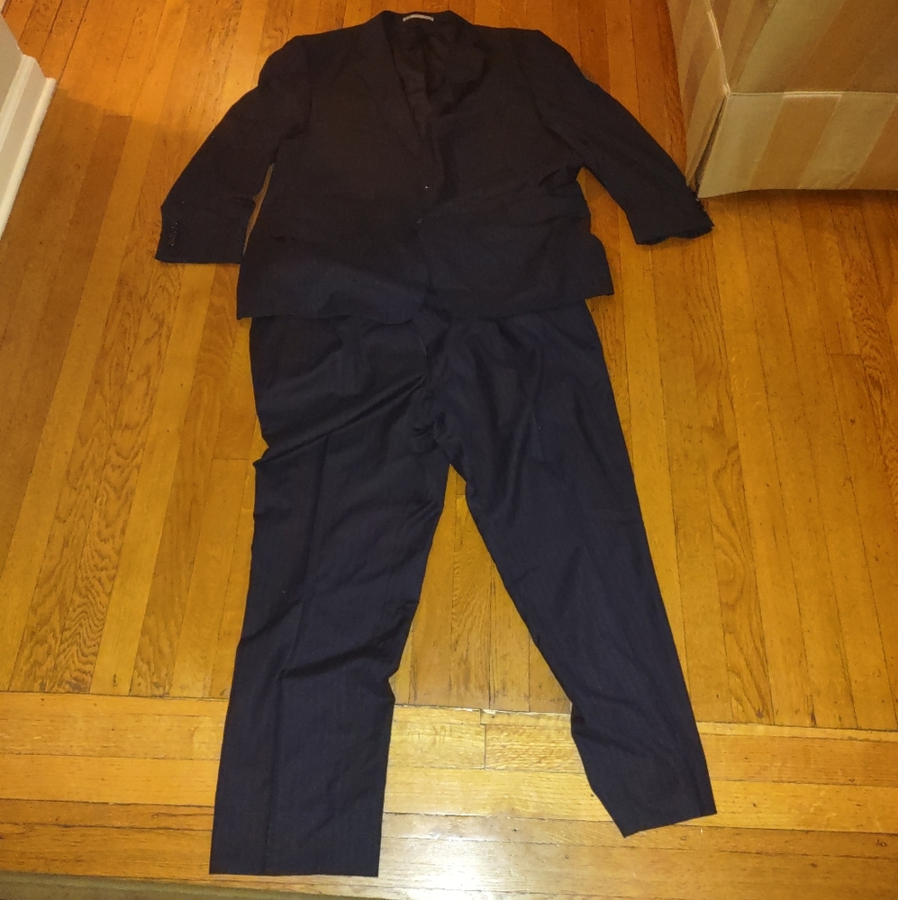 Hickey Freeman Vintage 1990s Black And Blue Pinstripe Suit Fits Like XL